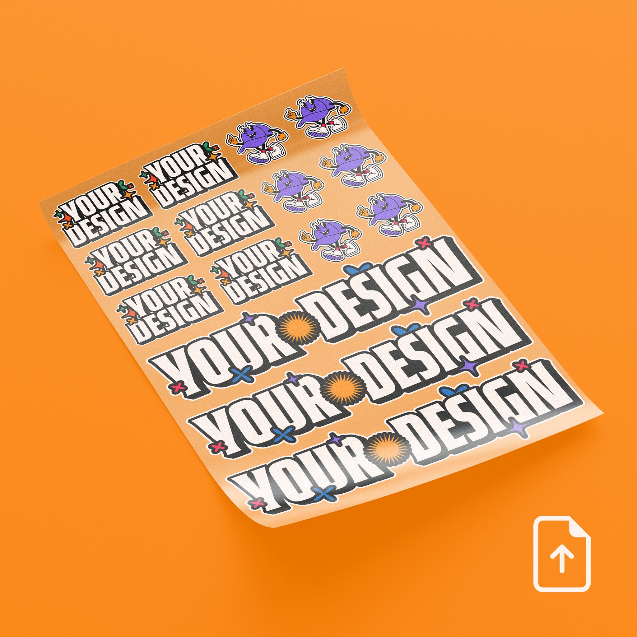 Customizable DTF Tansfer sheet with 'Your Design' graphics on an orange background