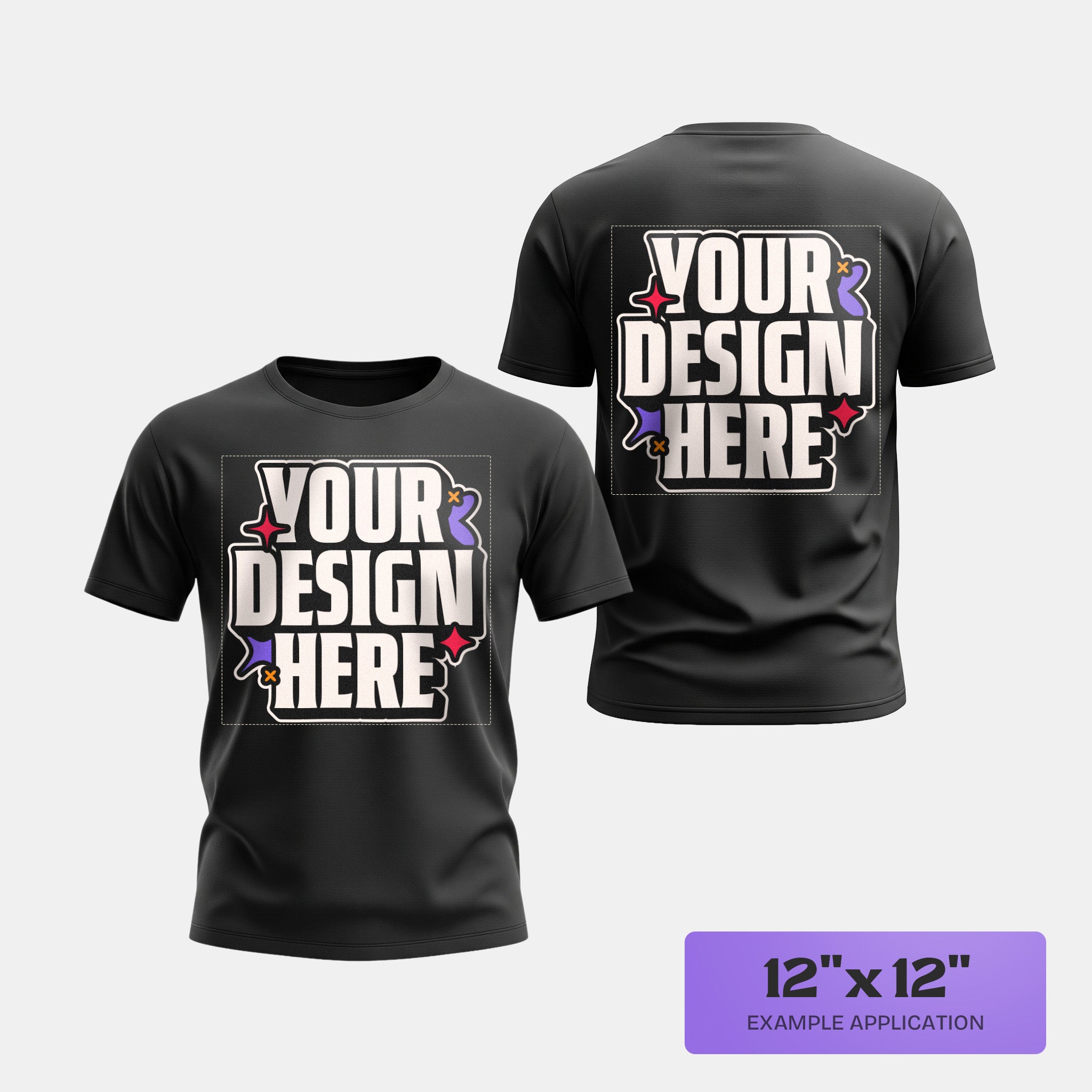 Black t-shirt with 'Your Design Here' DTF prints on front and back