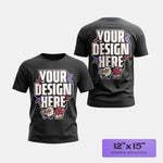 Black t-shirt with 'Your Design Here' DTF prints on front and back