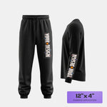 Black sweatpants and long-sleeve shirt with custom DTF designs a light gray background