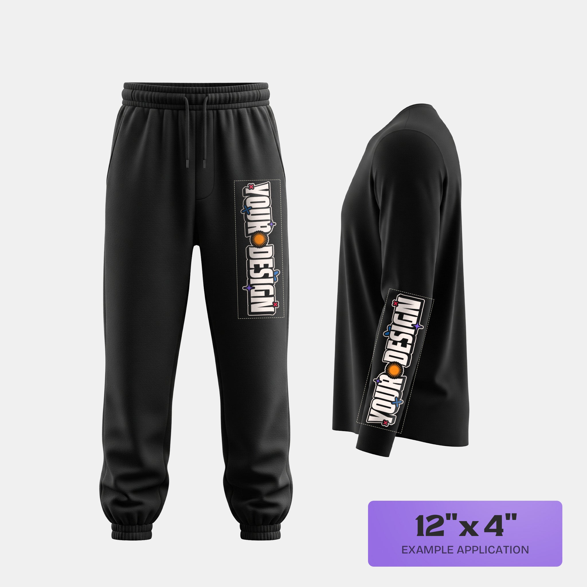 Black sweatpants and long-sleeve shirt with custom DTF designs a light gray background