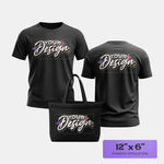 Black t-shirt and tote bag with Custom DTF designs on a white background