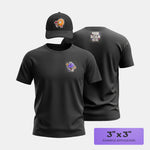 Black t-shirt and cap with customizable DTF design area on a white background