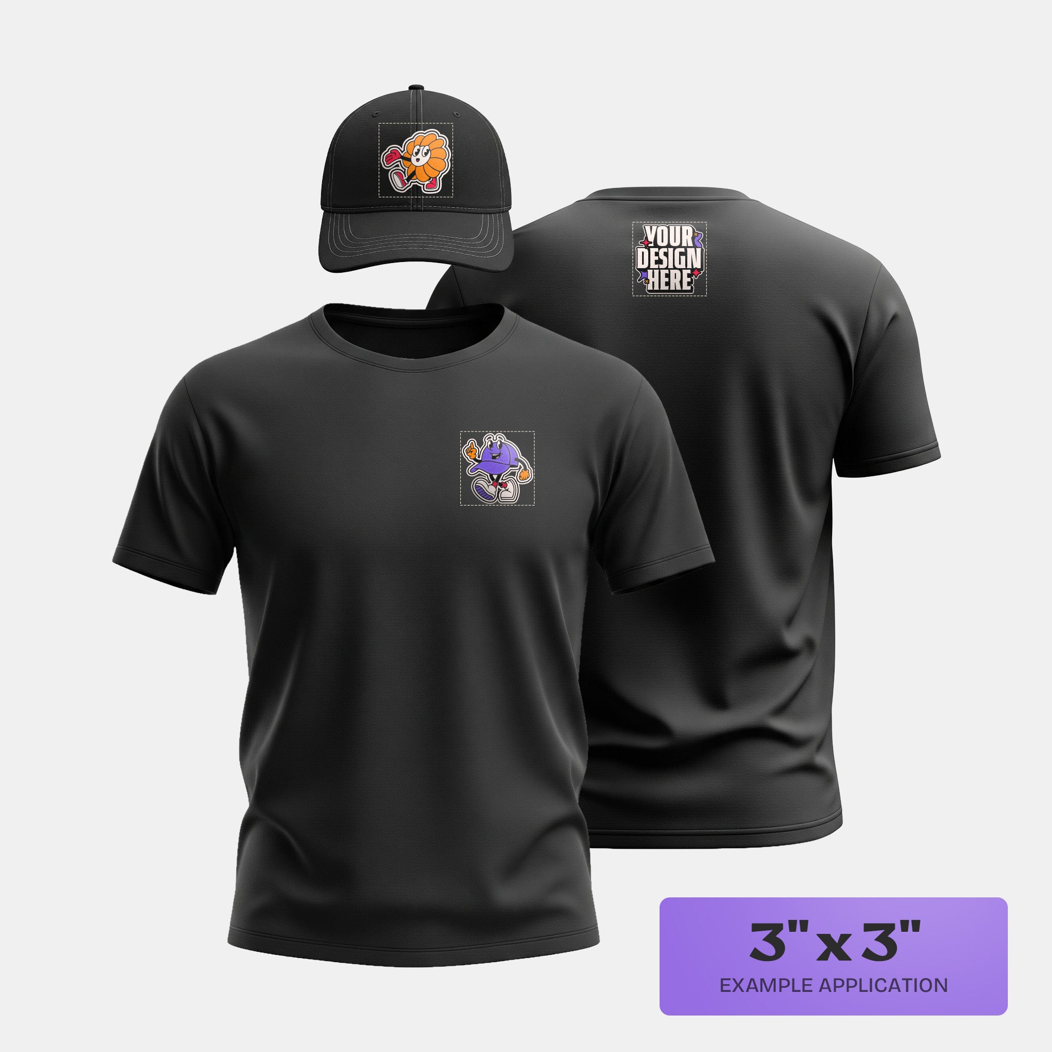 Black t-shirt and cap with customizable DTF design area on a white background