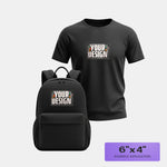 Black t-shirt and backpack with customizable dtf design area on a light gray background