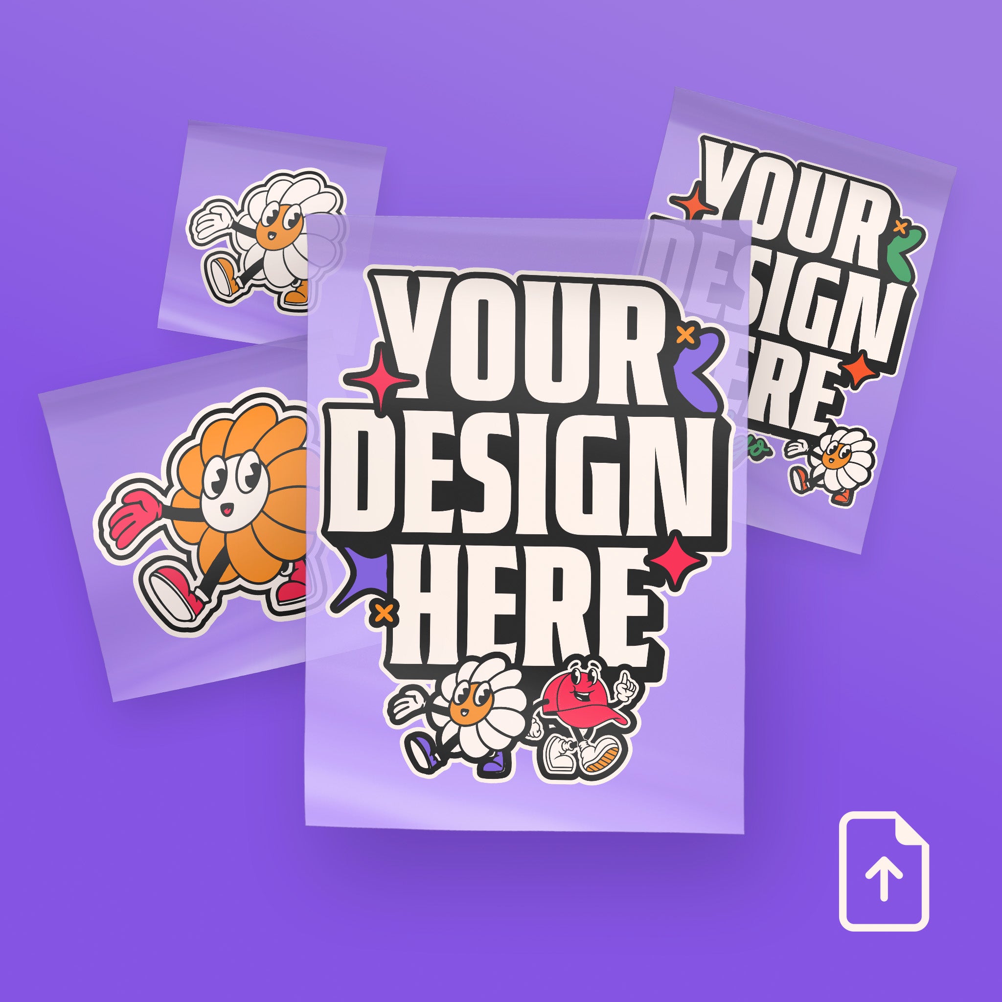 Custom DTF transfers with upload your design icon in the bottom right corner against a purple background.