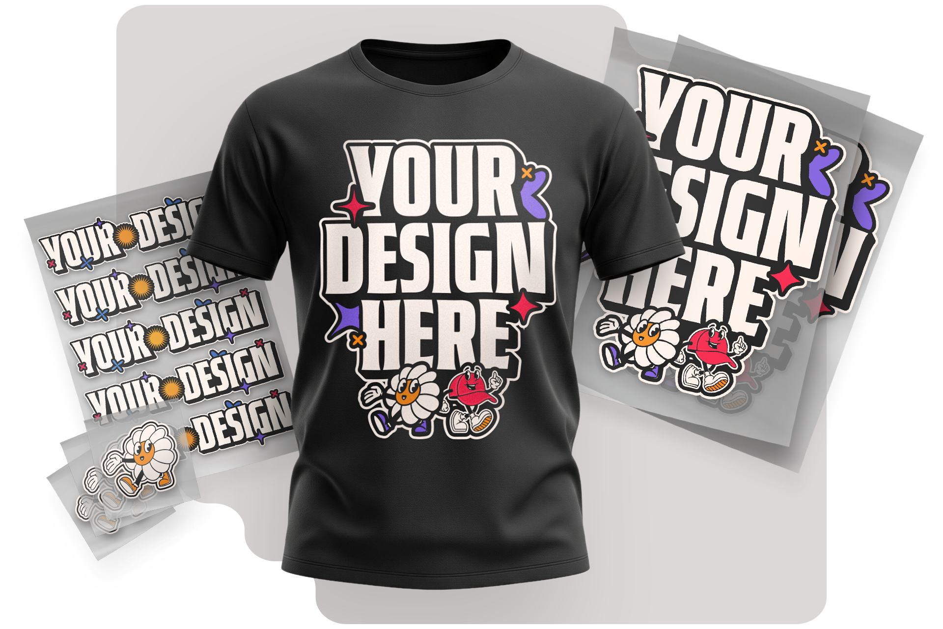 Black t-shirt with 'Your Design Here' text and custom dtf transfers on a white background