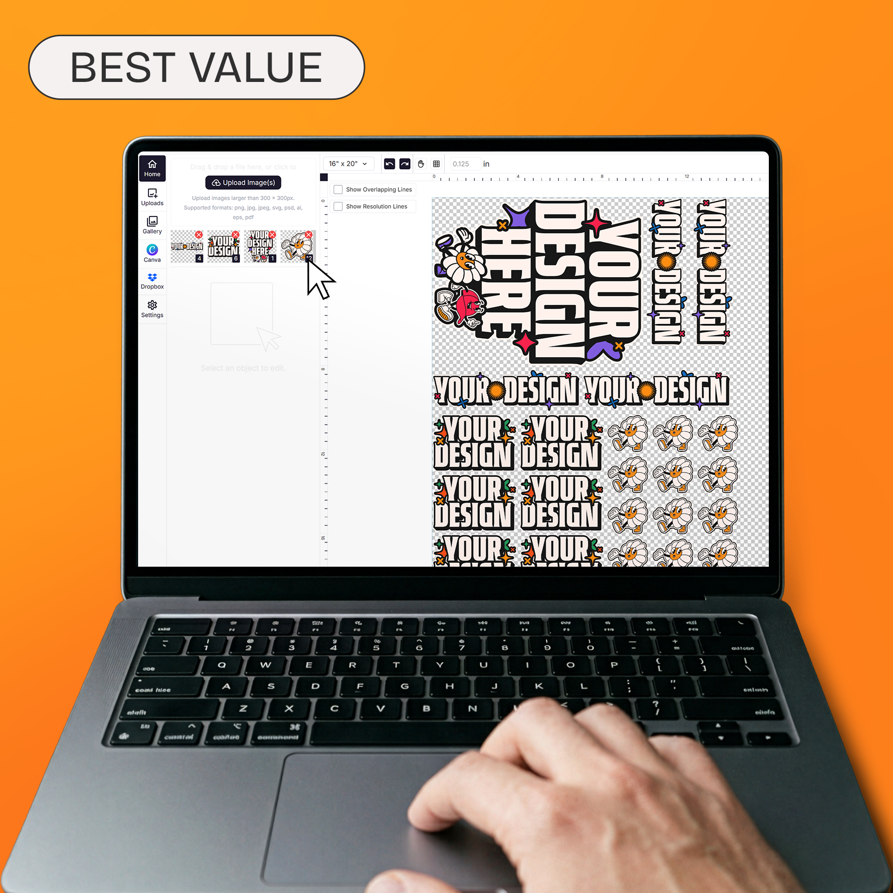 Laptop with online gang sheet builder open against orange background with 'Best Value' sticker in corner