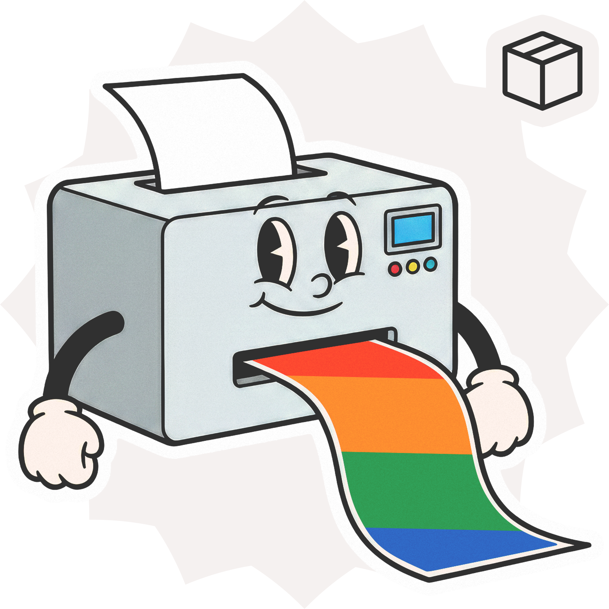 Cartoon printer with hands and a face, printing a rainbow dtf transfer sheet