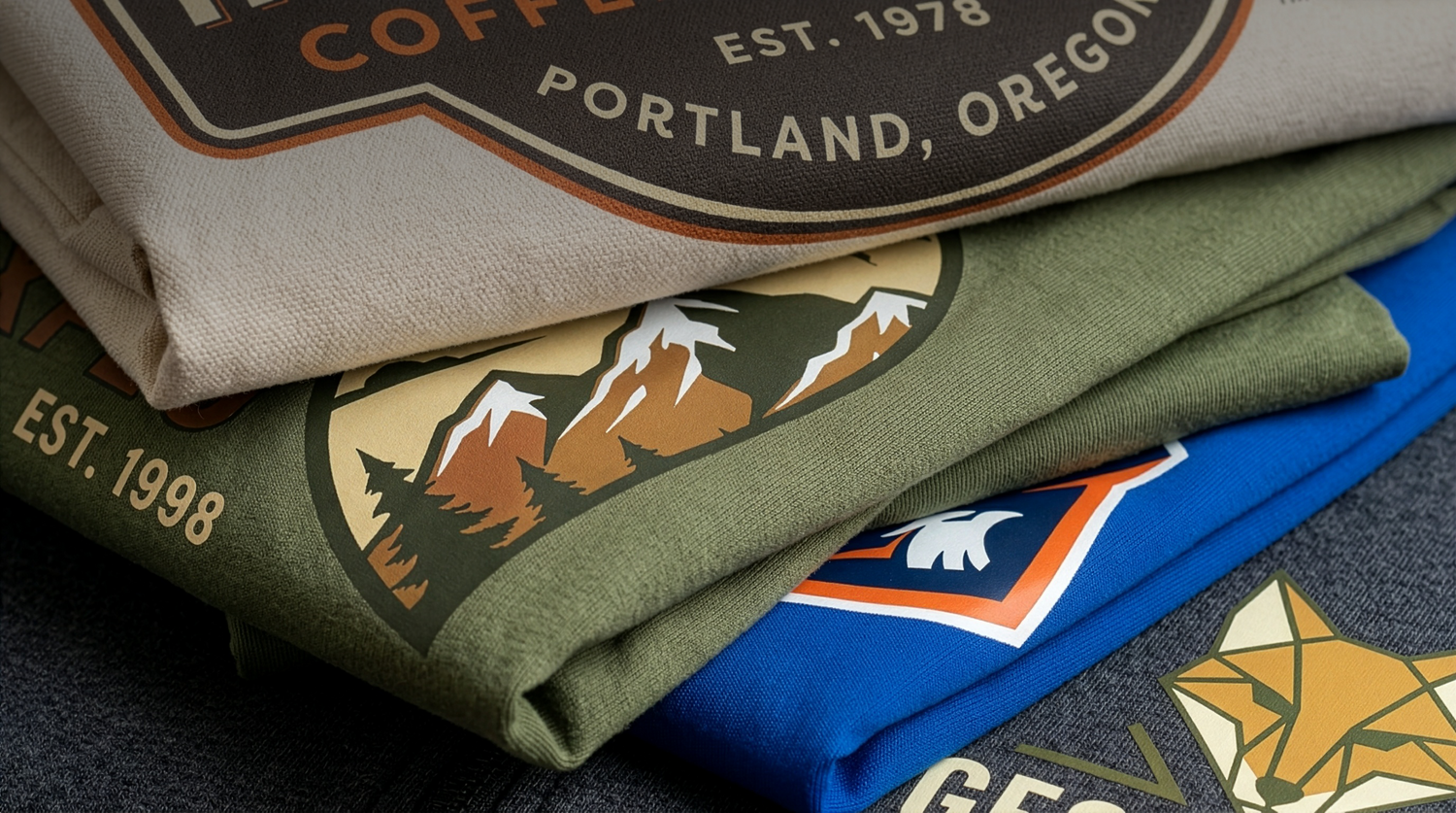 Stack of folded t-shirts in different fabrics with visible dtf prints on them