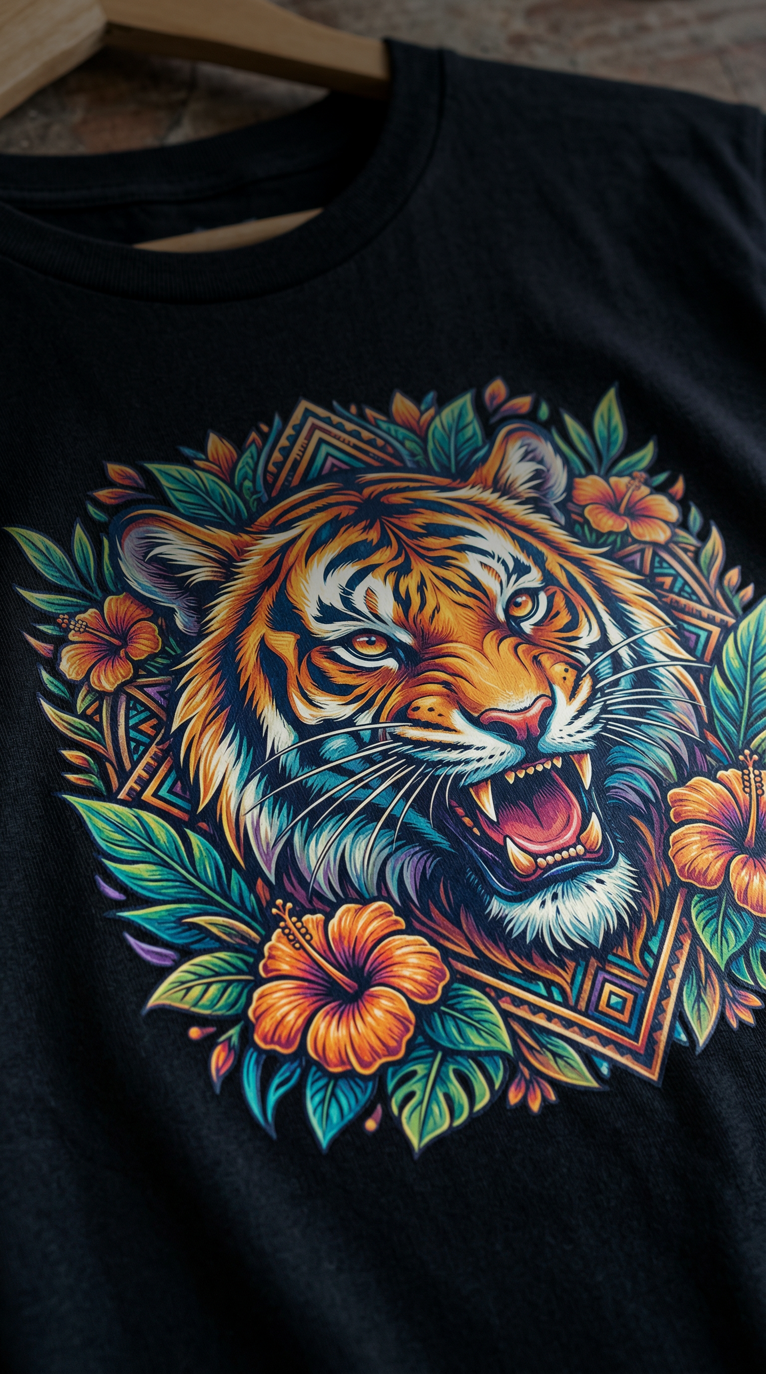 Black t-shirt with a colorful dtf print tiger design on a hanger.